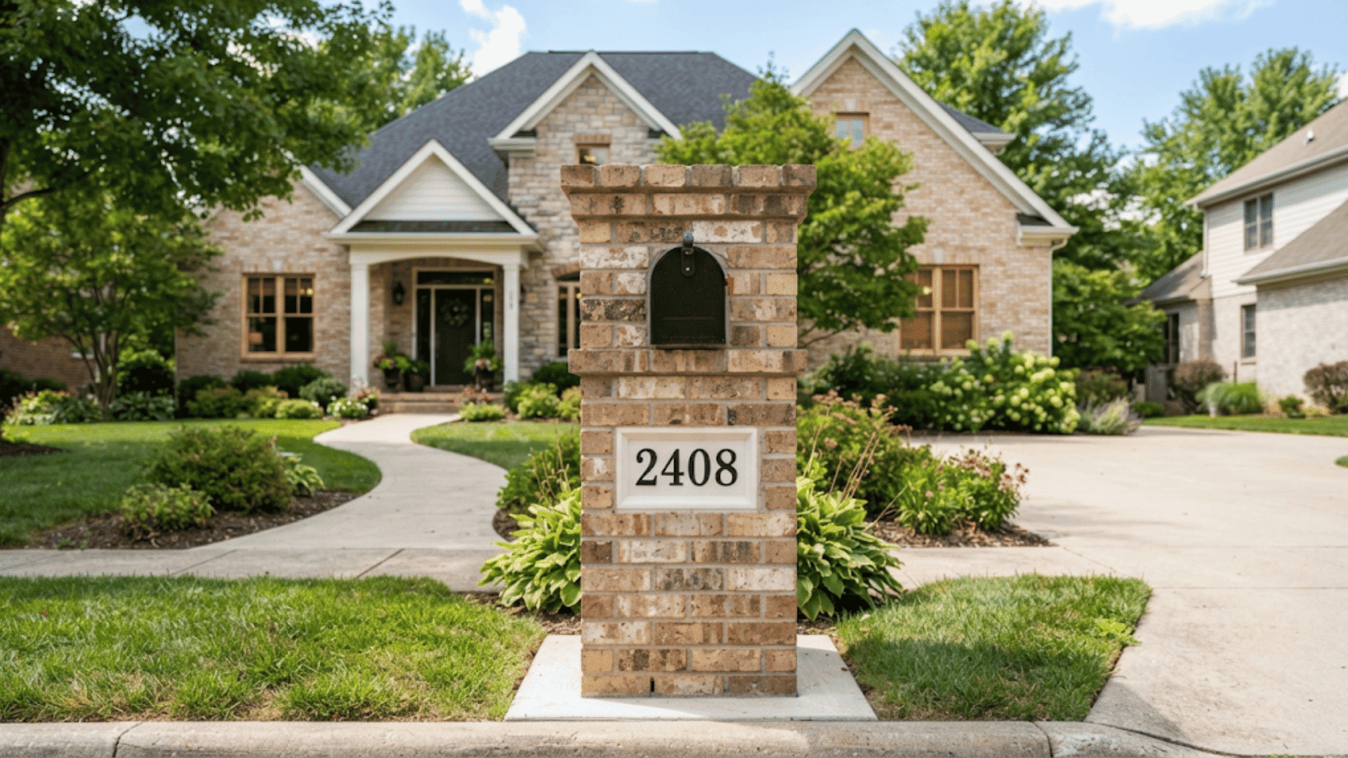 square brick mailbox with black mail slot and address plaque set beside a landscaped walkway leading to a suburban home