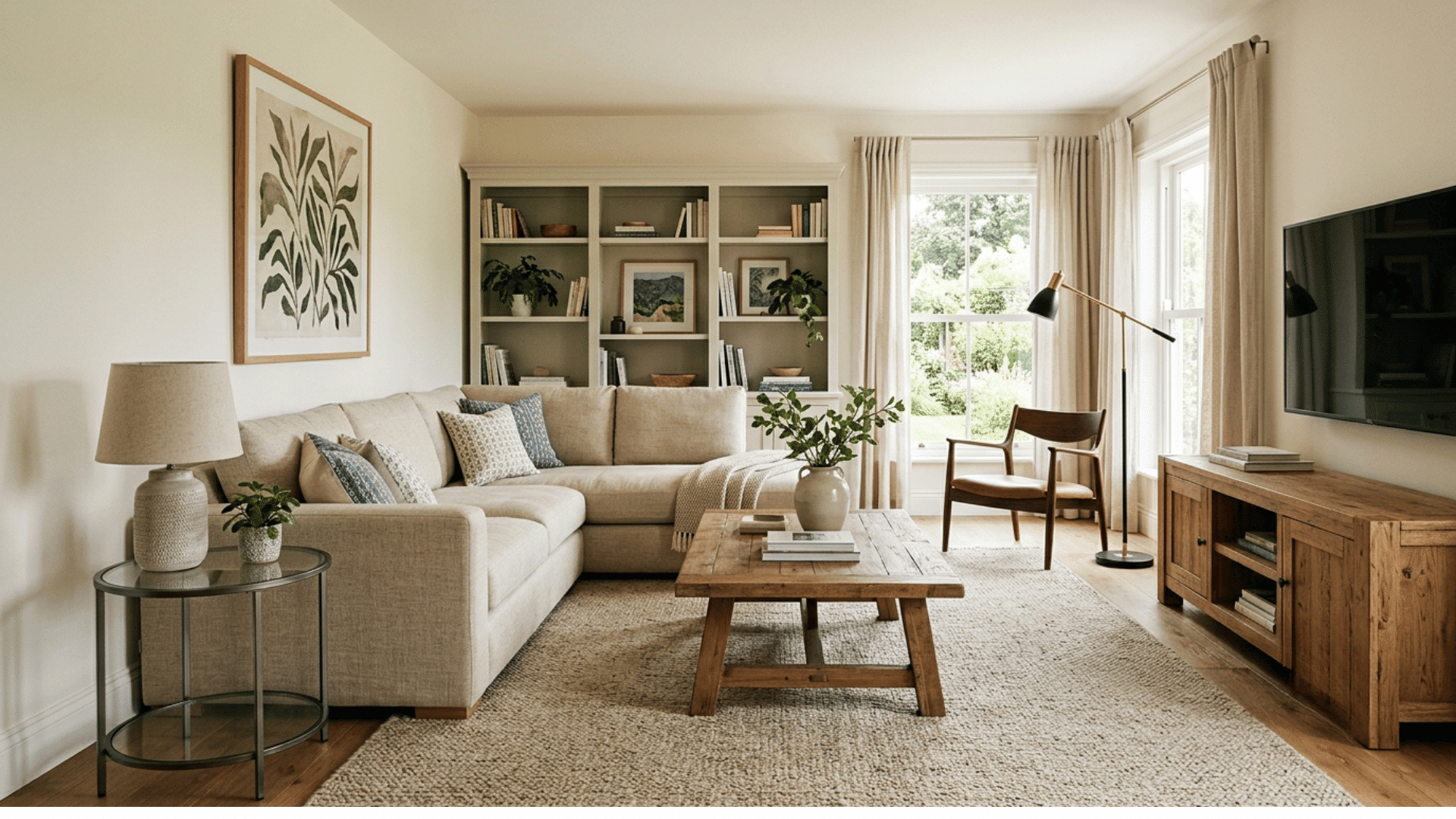bright living room with beige sectional sofa wooden coffee table bookshelves plants armchair and large windows