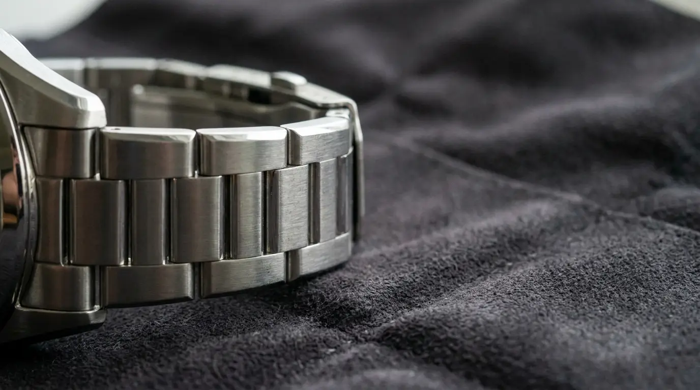 Stainless steel watch band resting on dark fabric surface in close-up view