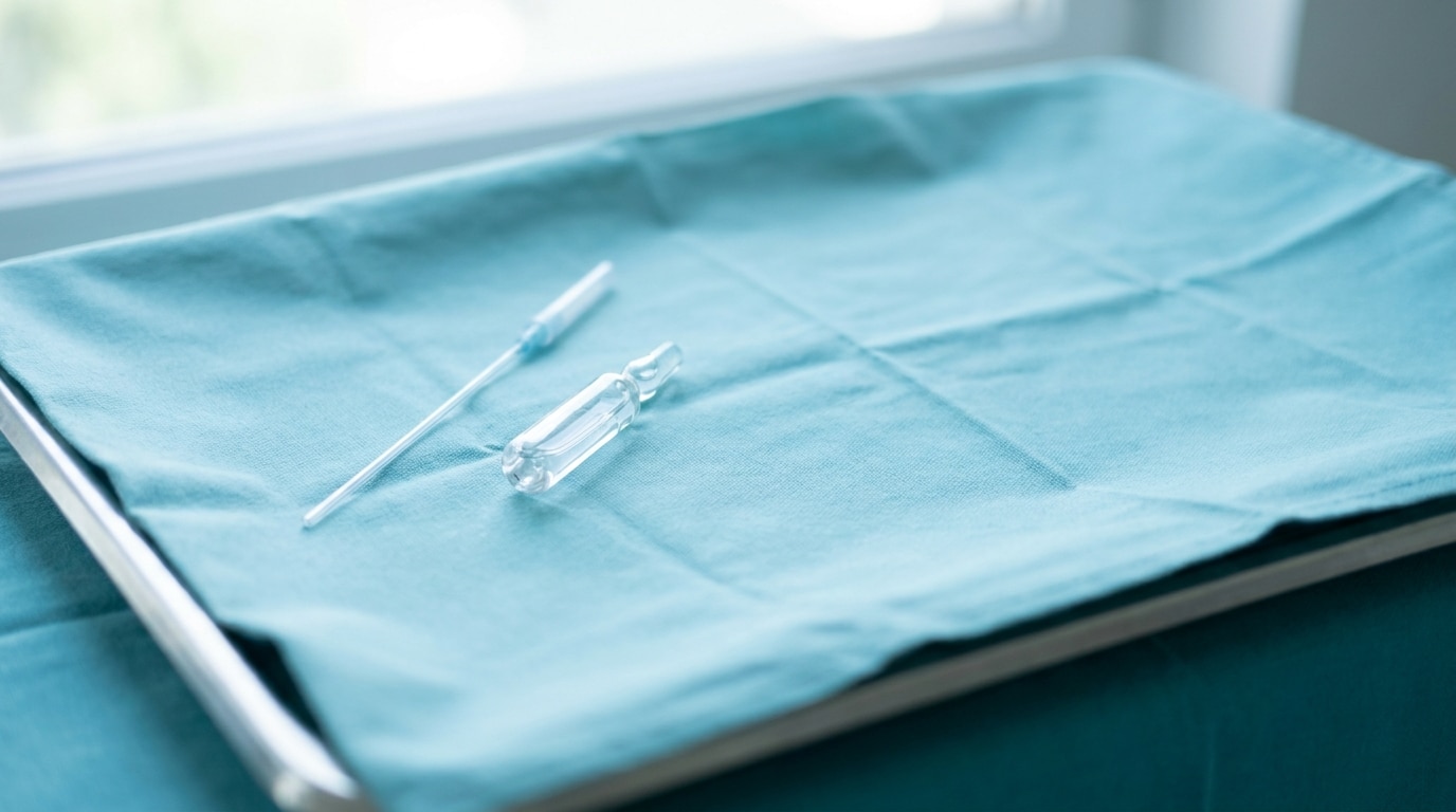 Clear ampoule and dropper on teal cloth in medical setting