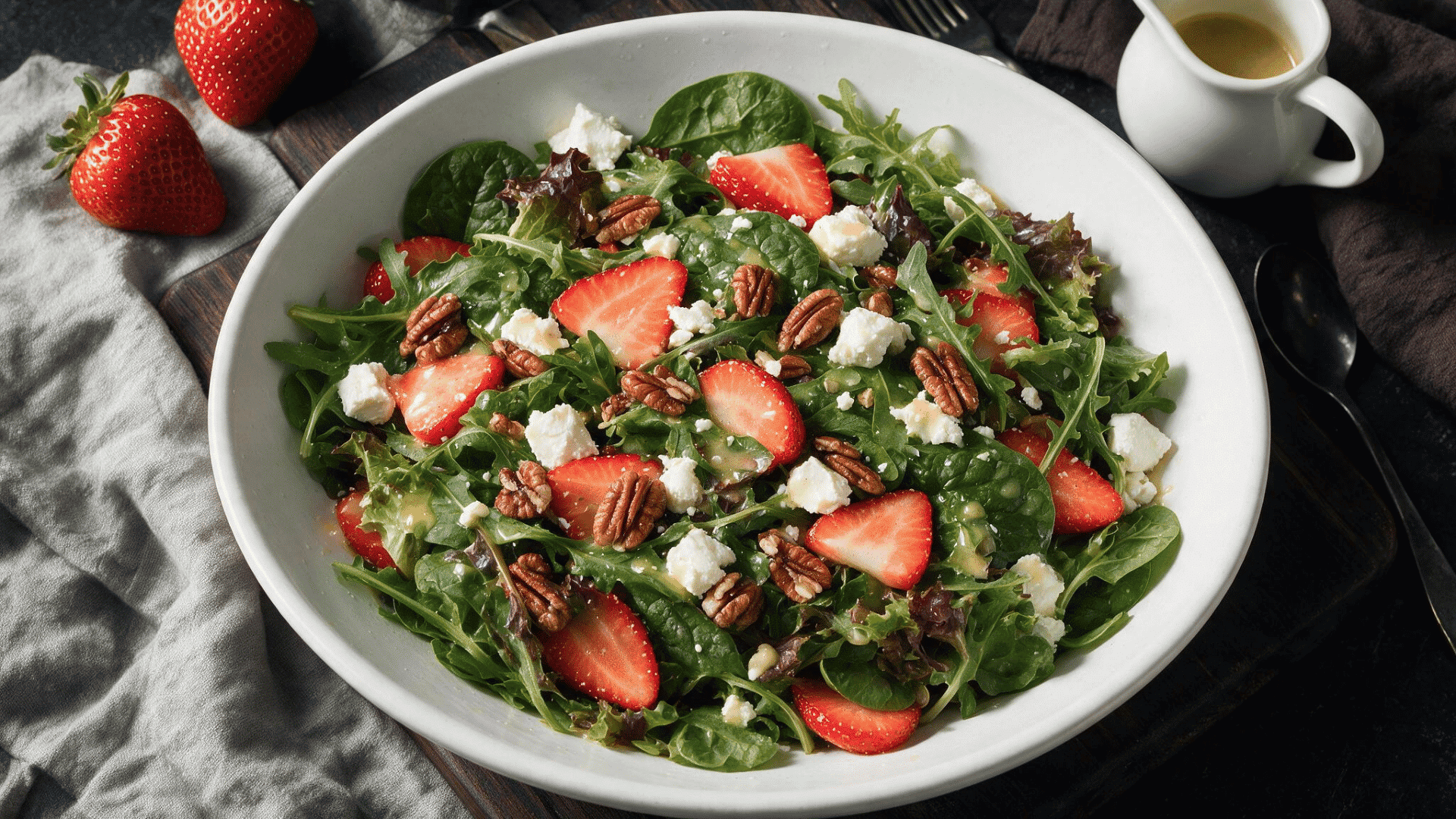 fresh spinach and mixed greens topped with sliced strawberries crumbled feta pecans and light vinaigrette in a white serving bowl on a rustic table