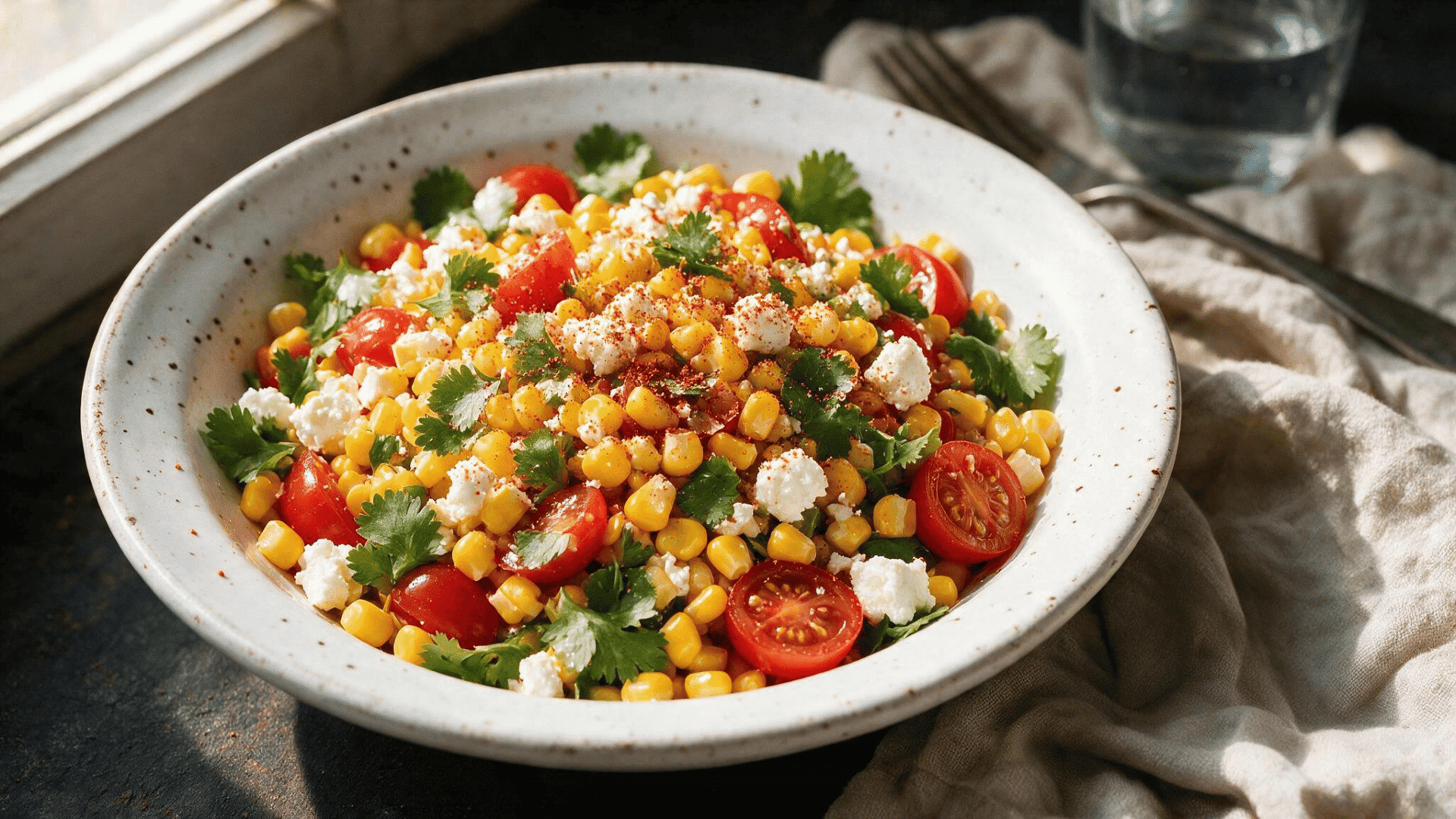 mexican street corn salad with tomatoes, cotija cheese, cilantro, and chili powder in a bowl