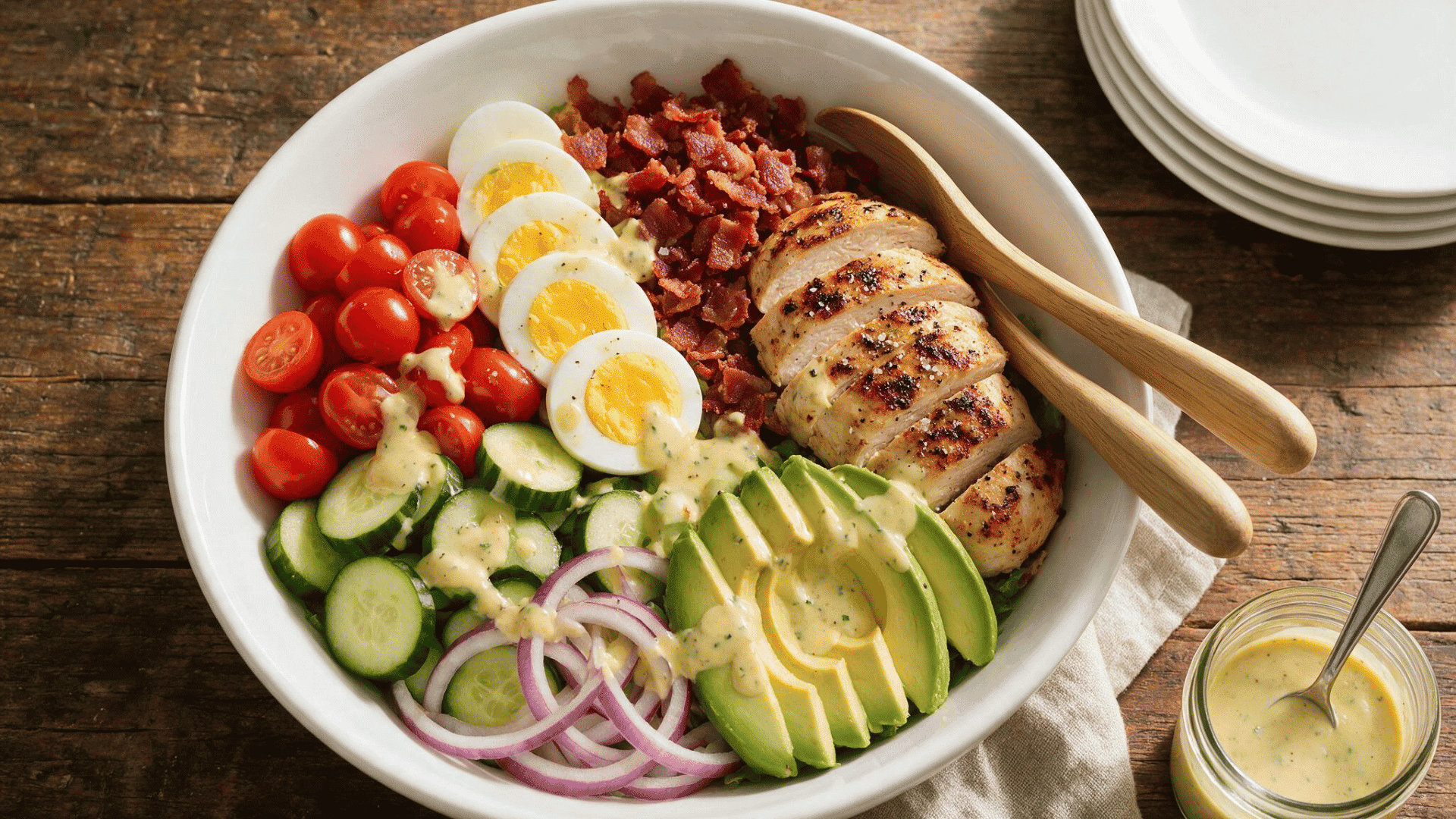 cobb salad with tomatoes, eggs, bacon, chicken, avocado, red onion, and creamy dressing