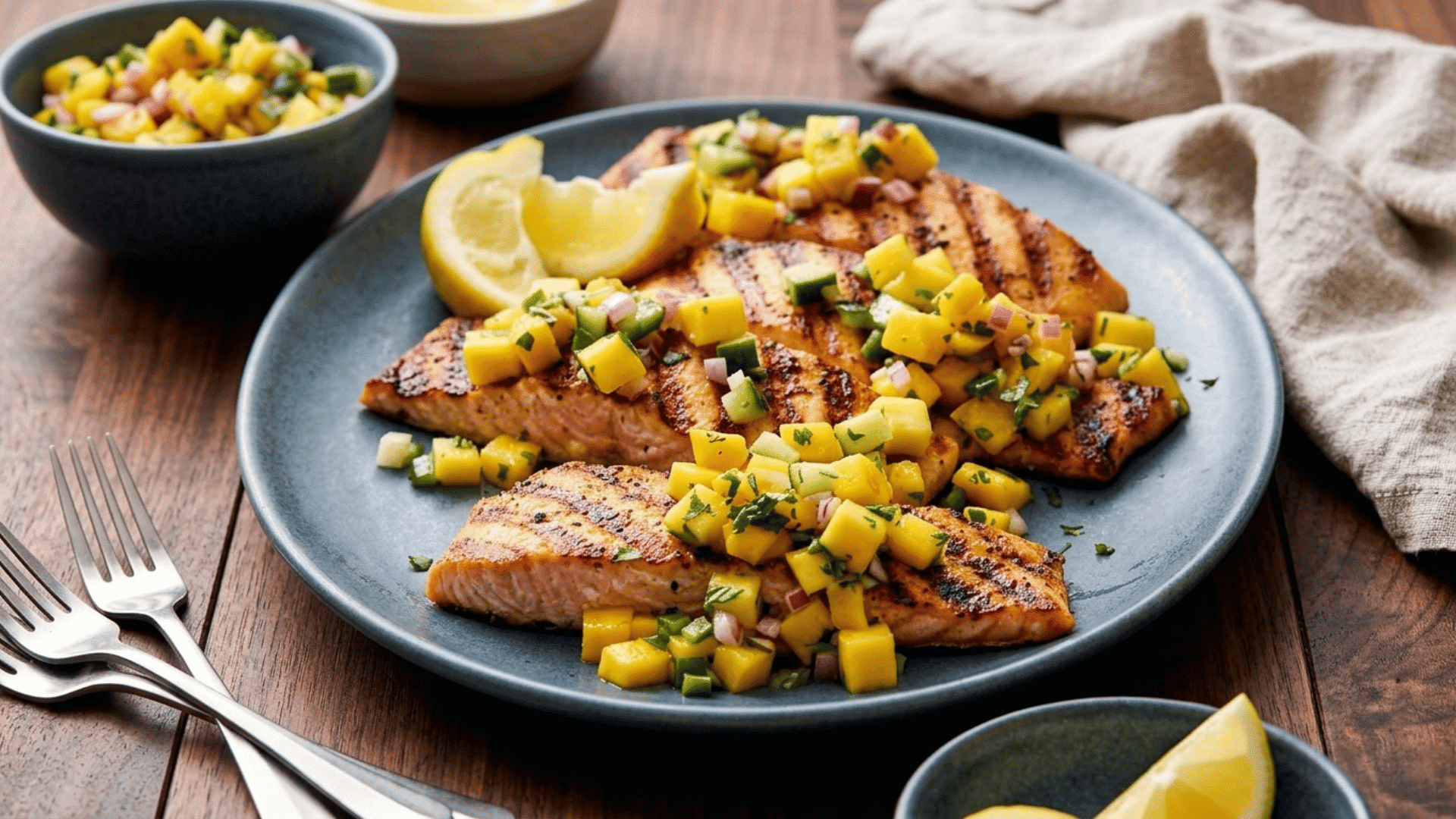 grilled salmon topped with fresh mango salsa served with lemon wedges on a rustic dining table