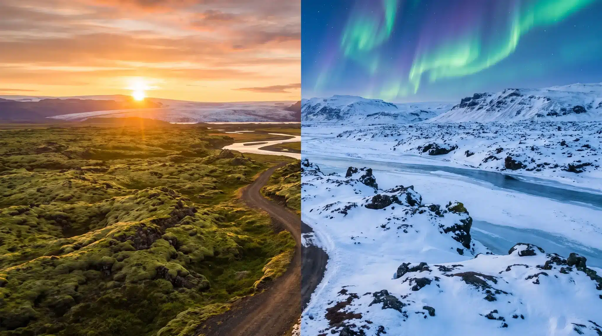 Split landscape showing sunrise over green moss field and snowy terrain with aurora borealis