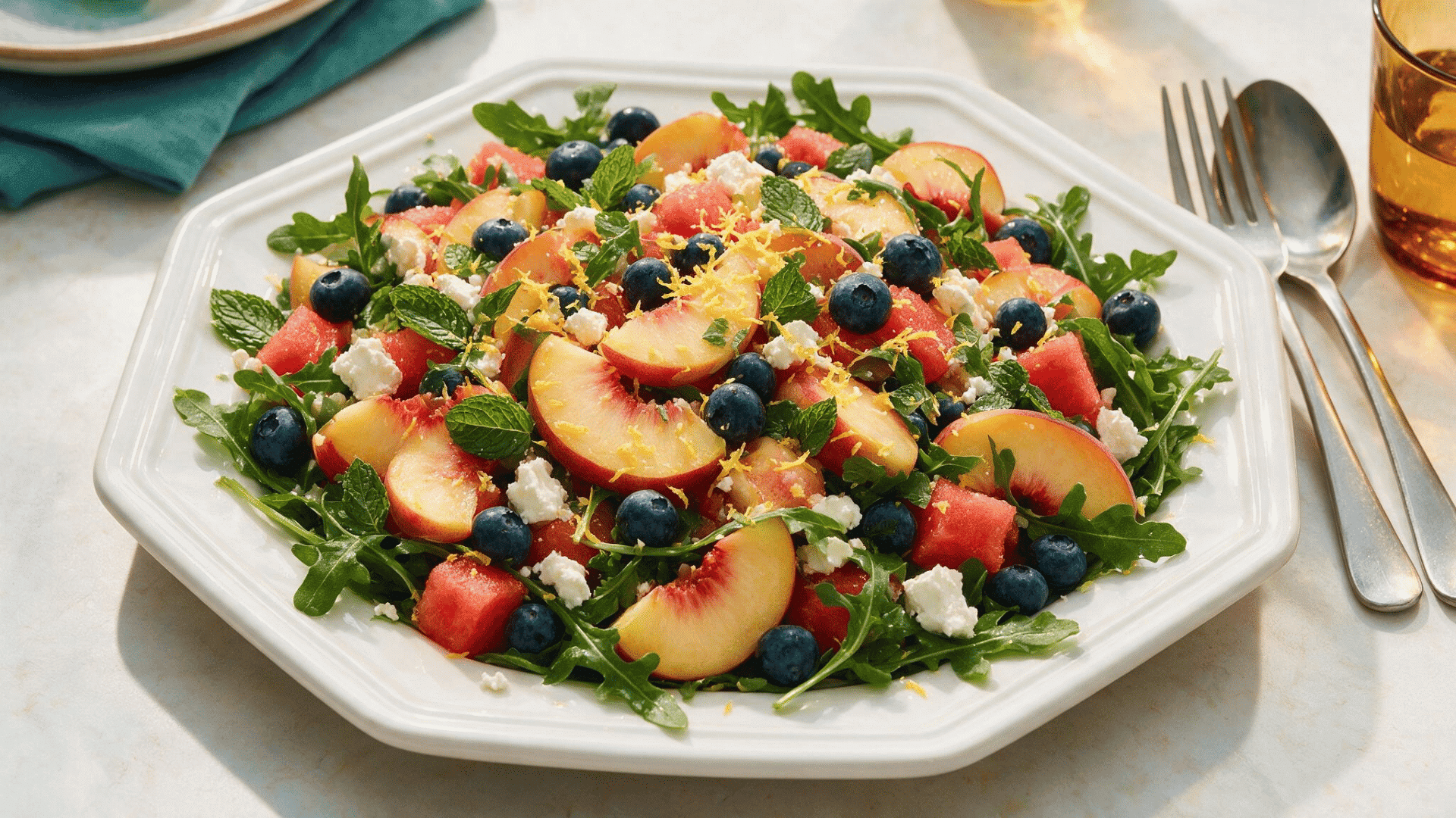 summer salad recipes for fresh seasonal meals: arugula with peaches, watermelon, and blueberries