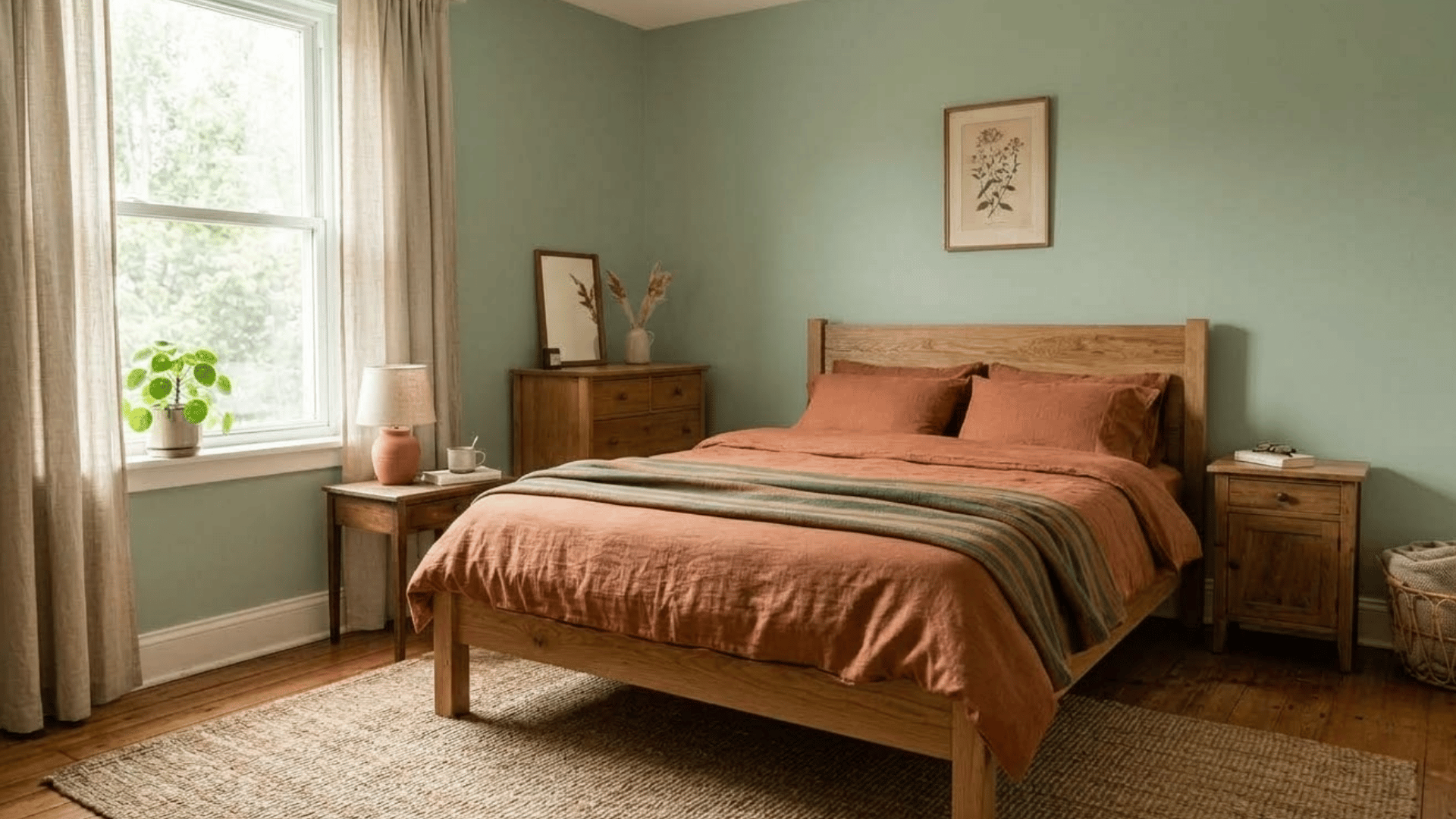 sustainable bedroom with wooden furniture and low voc paints