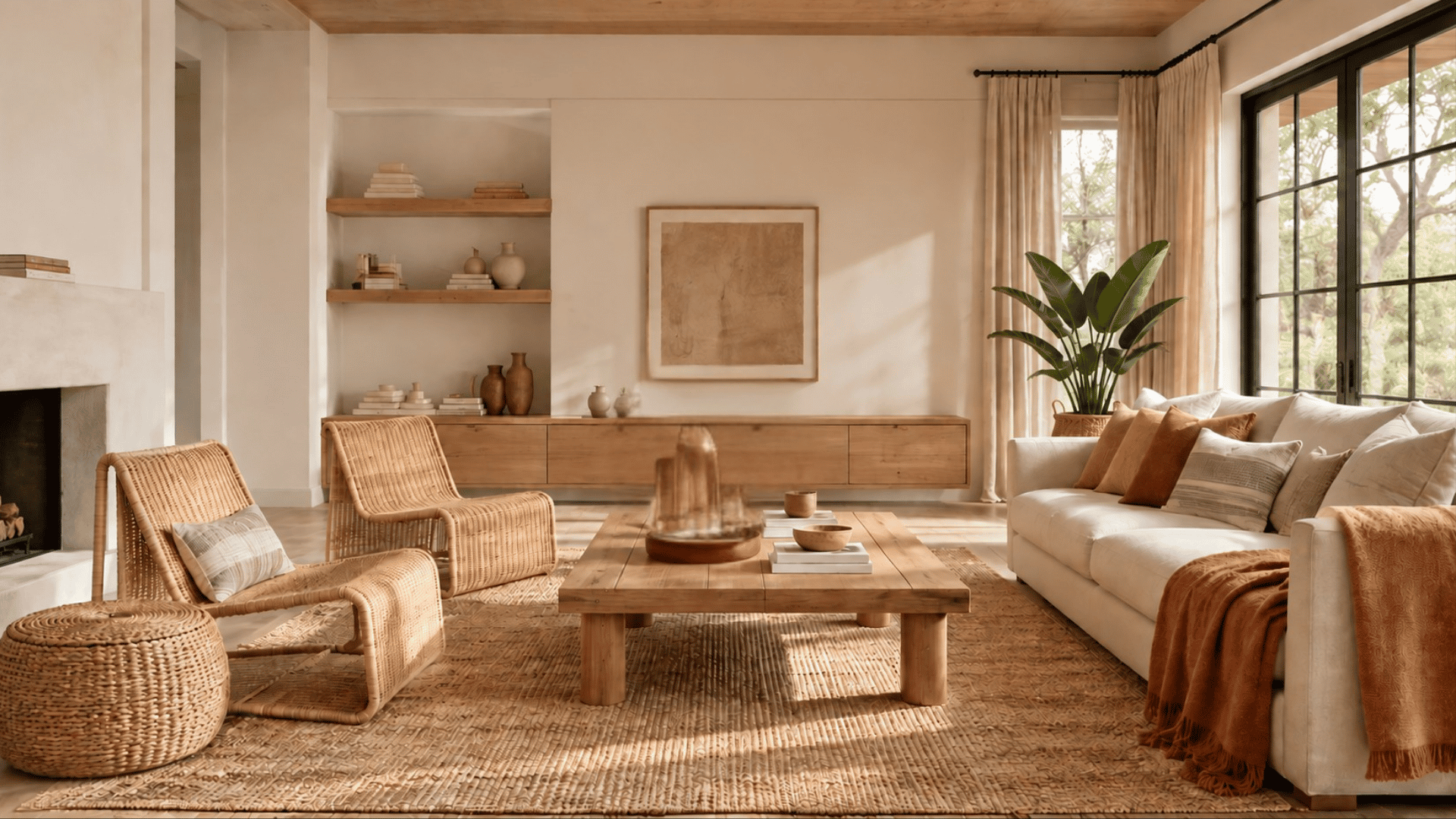 sustainable living room with jute chairs wooden furniture natural textures and warm neutral decor