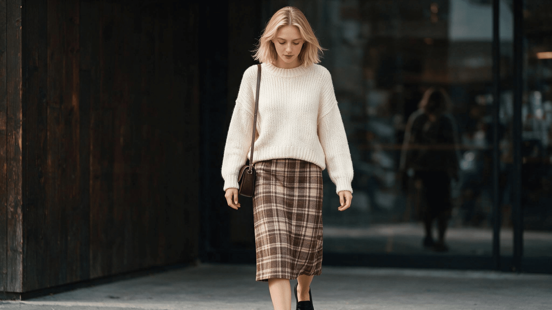 white sweater with midi skirt and boots styled for a cozy feminine seasonal outfit