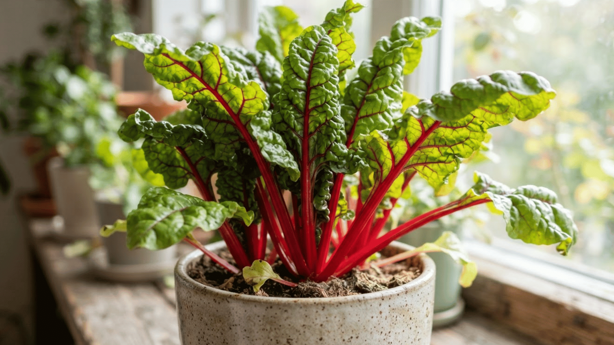 swiss chard growing in a container with lush green leaves and colorful stems in a home garden setting