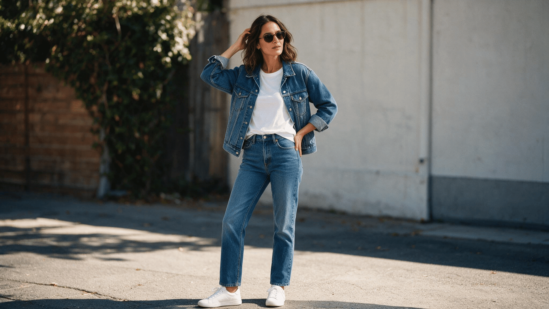 woman wearing a white tshirt with denim jacket and jeans styled with sunglasses for a casual streetwear outfit look