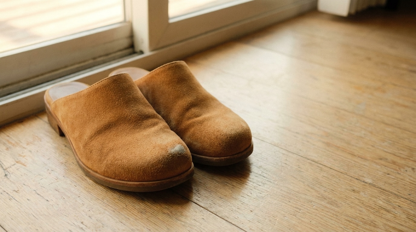 Brown suede clogs on a wooden floor by a window in natural light