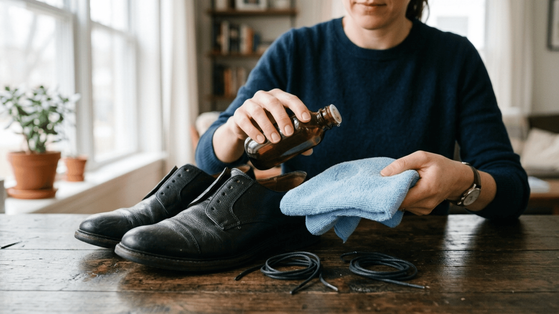 person preparing to apply leather cleaner with a microfiber cloth beside black leather shoes on a wooden table