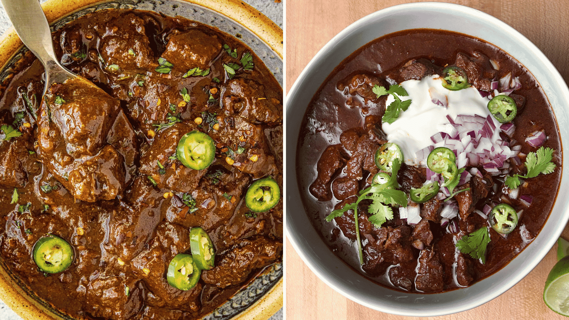 texas chili with tender beef rich red sauce and sliced peppers served in rustic bowls