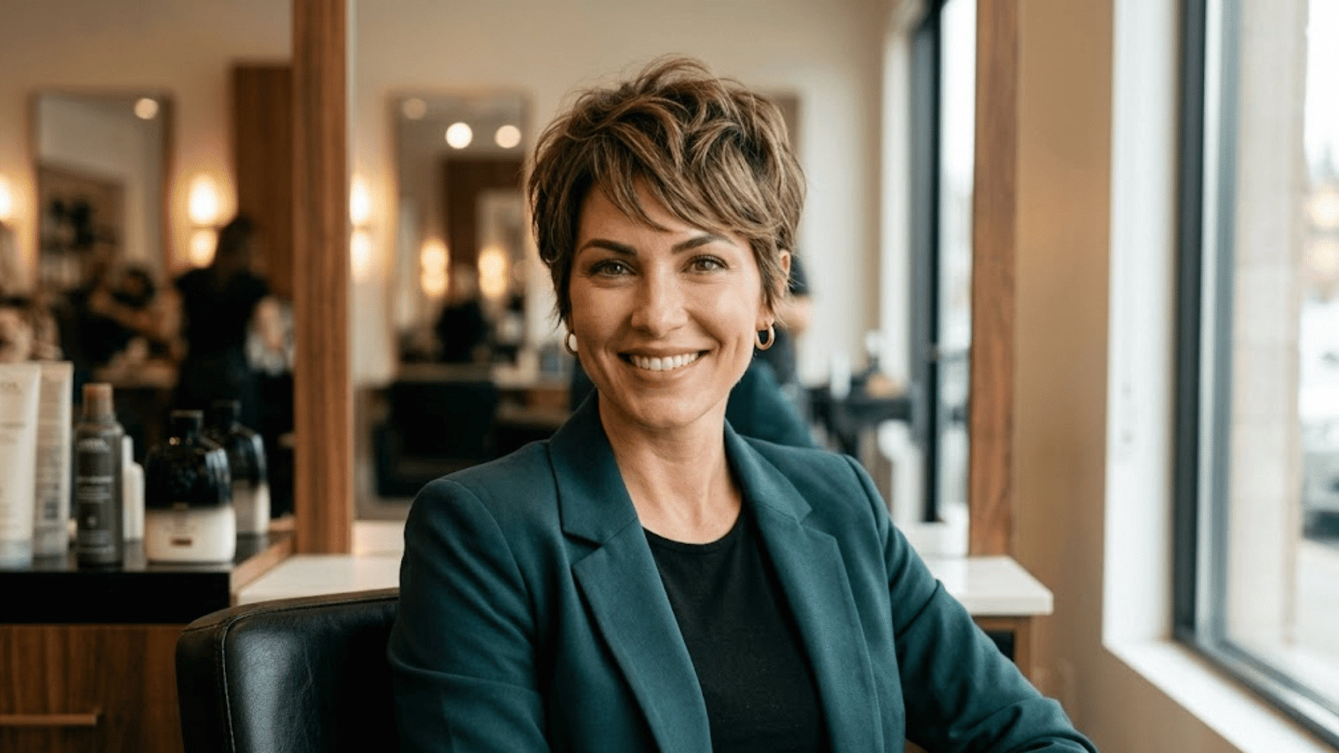 woman with heart shaped face wearing textured pixie haircut with short layers