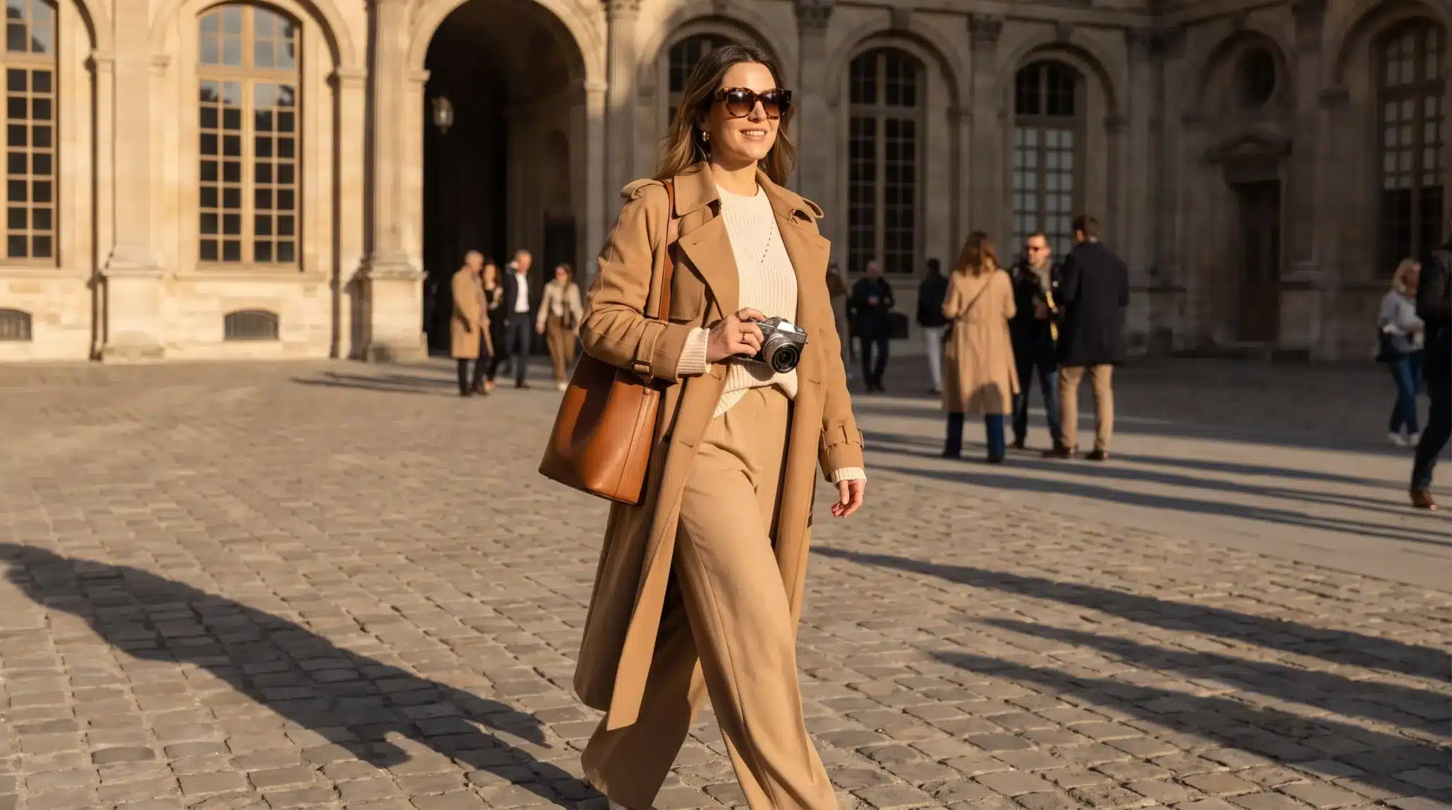 Woman in beige coat walking outside historical building holding a camera in sunlight