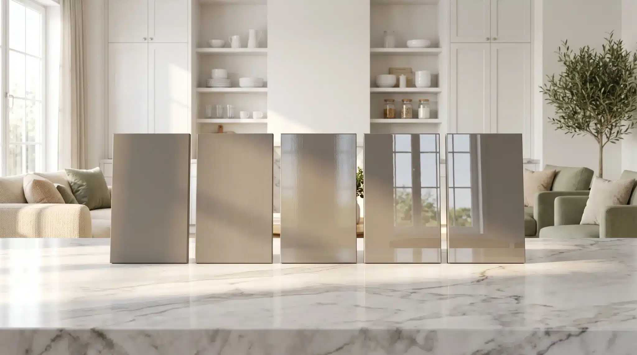 Stone samples displayed on a marble counter in a bright, modern living room setting