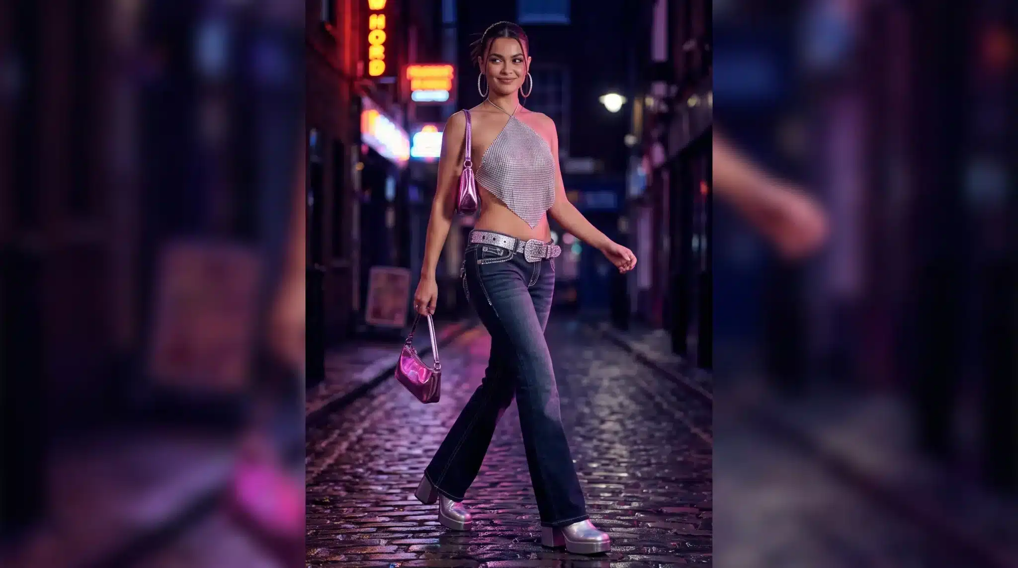 Woman in silver top and jeans walking on cobblestone street at night with neon lights