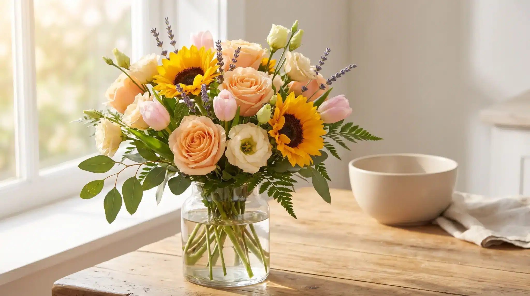 Bouquet of sunflowers, roses, and tulips in glass vase on rustic wooden table