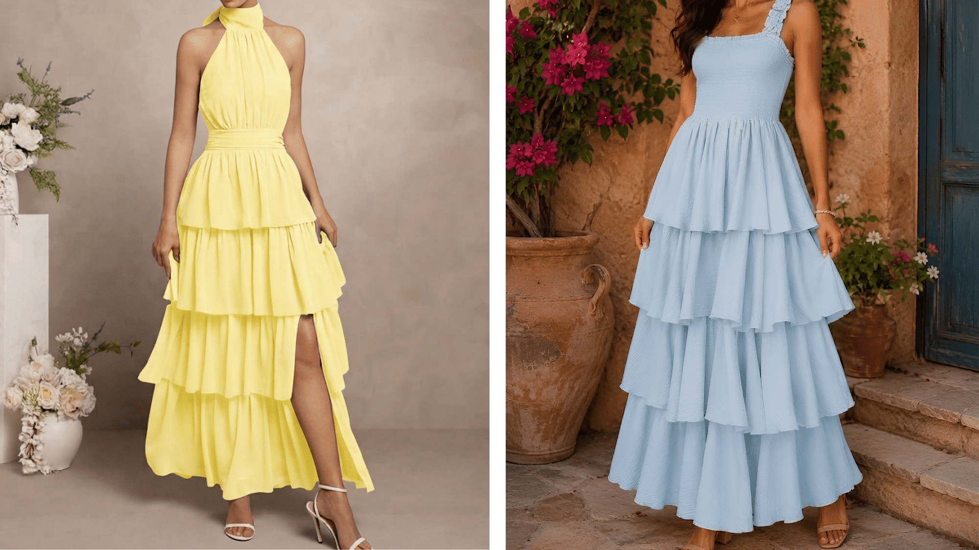 two girls wearing yellow and blue tiered dresses with layered skirts for a playful stylish look