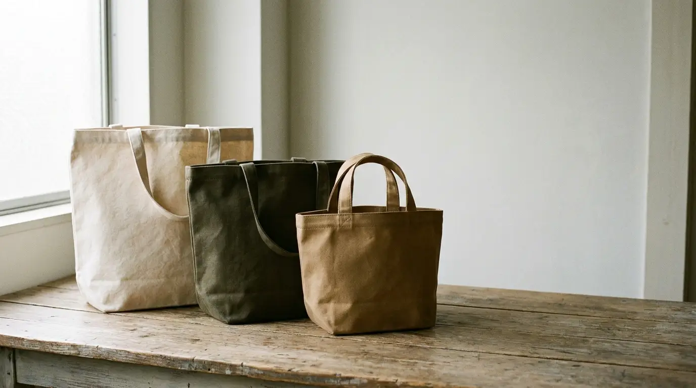Three canvas tote bags in different sizes on rustic wooden table in minimalist room