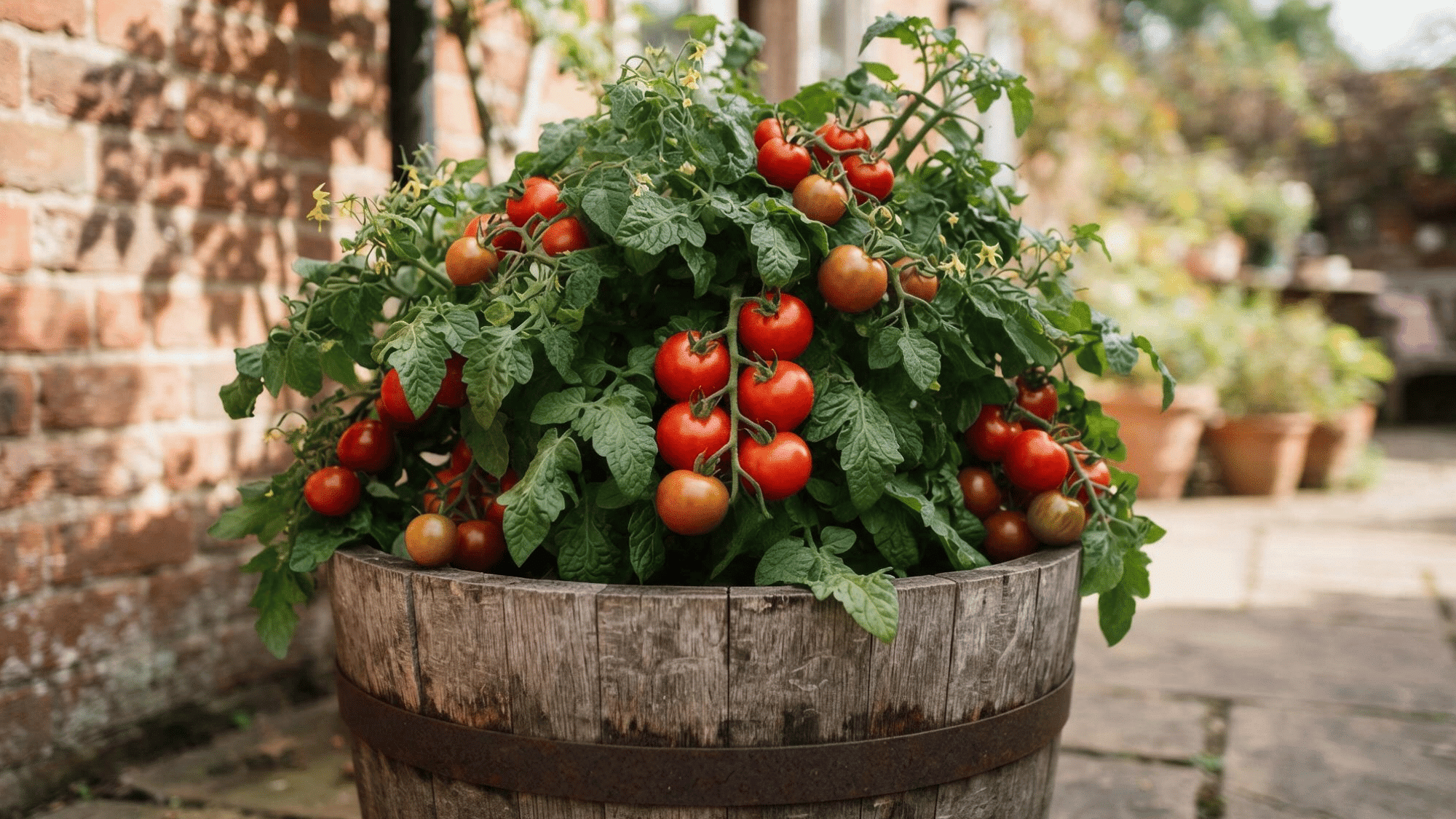 tomatoes growing in a container with green leaves and ripe fruit developing in a home garden setting