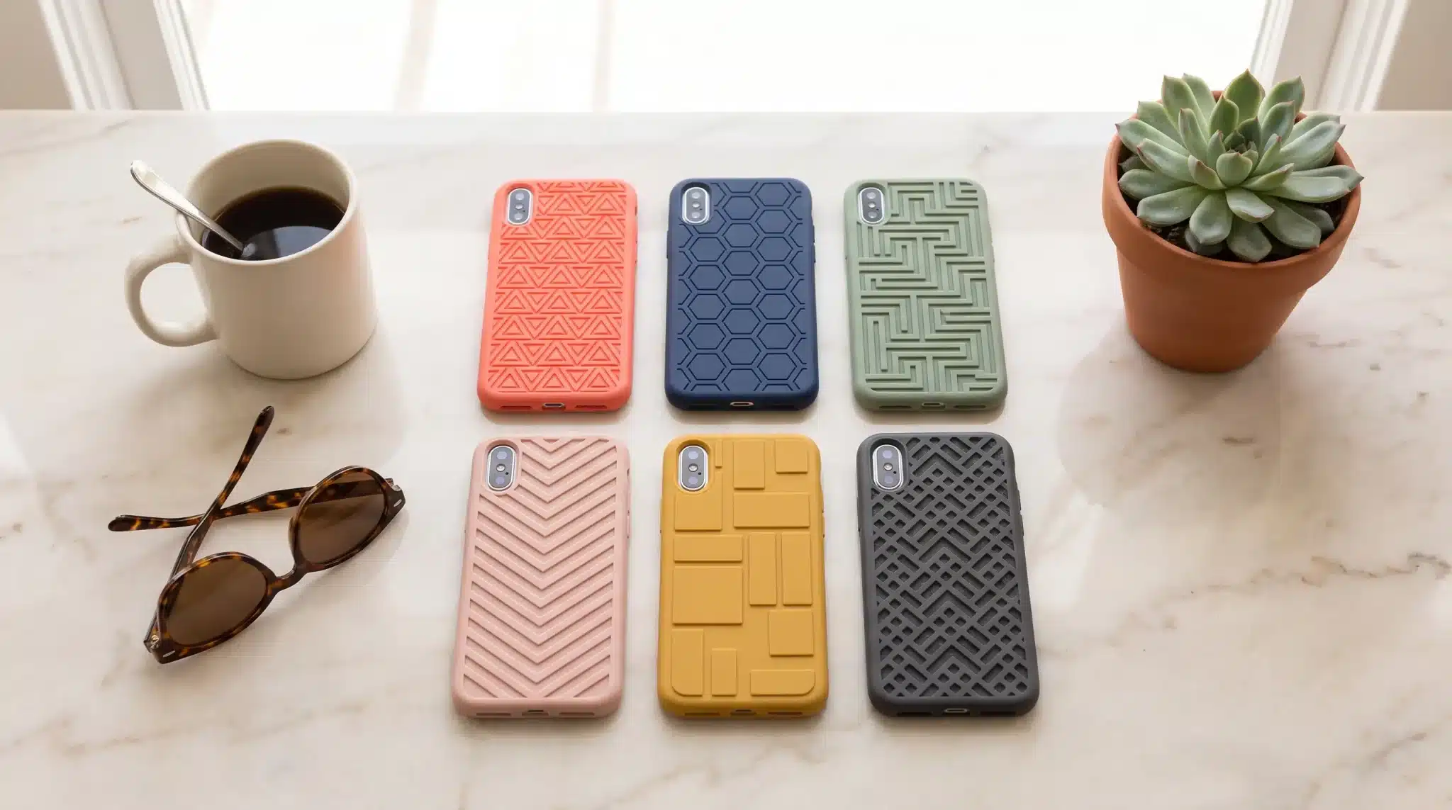 Colorful geometric-patterned phone cases on marble table with coffee mug and potted succulent