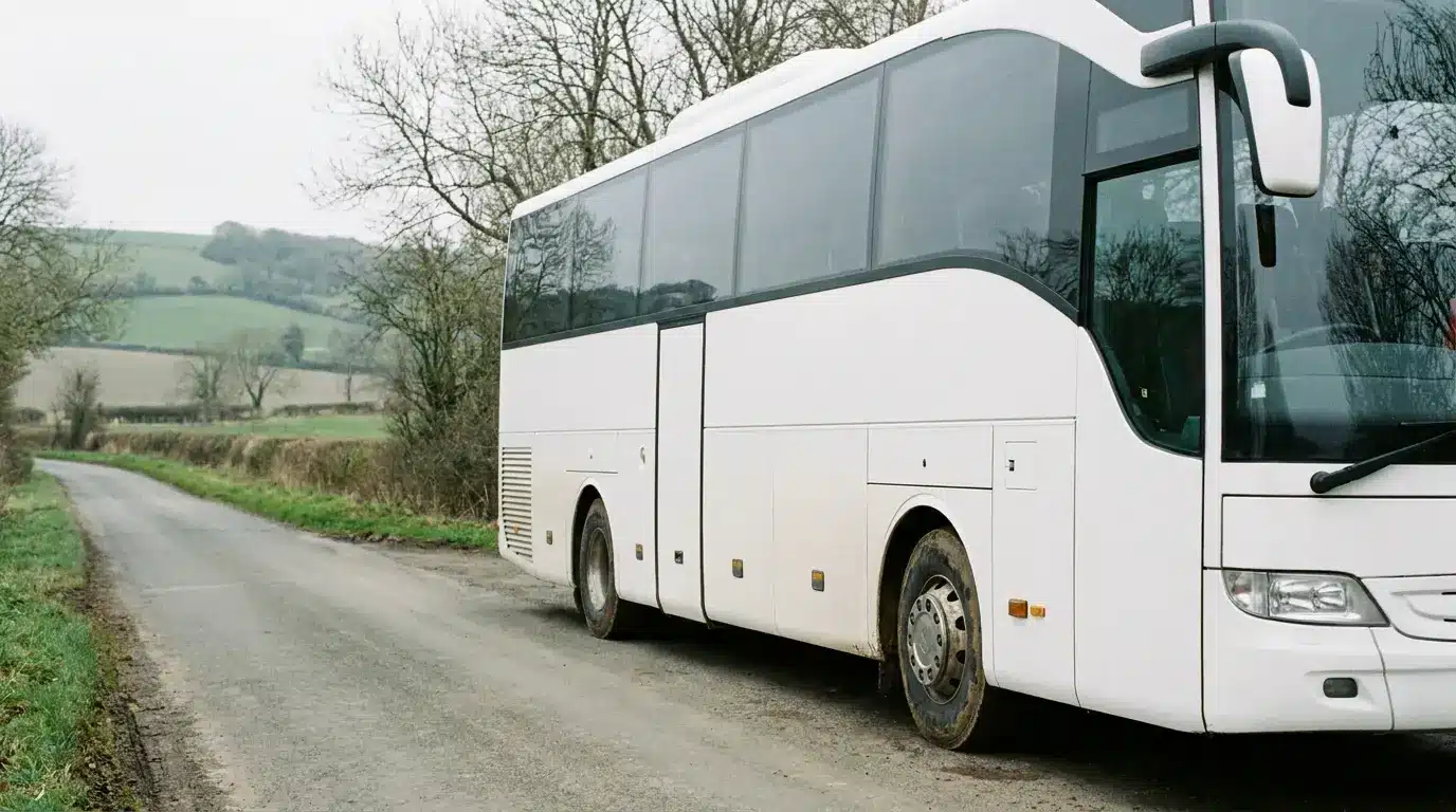 White bus parked on a rural road surrounded by bare trees and green fields