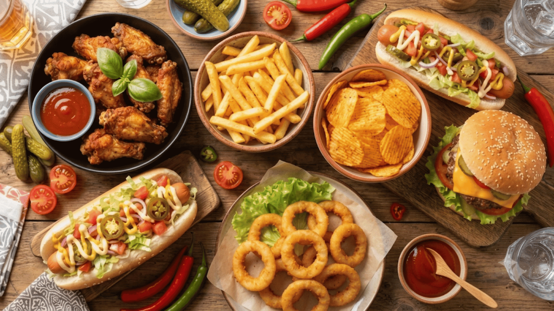 overhead view of fast food spread with burger hot dogs wings french fries onion rings and chips on wooden table