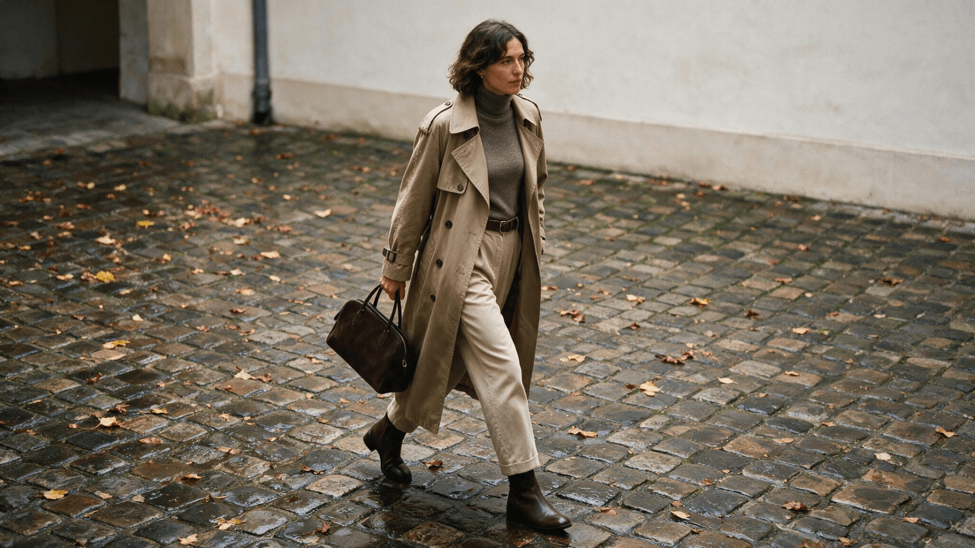 trench coat with knit top and pants creating a classic autumn street style outfit