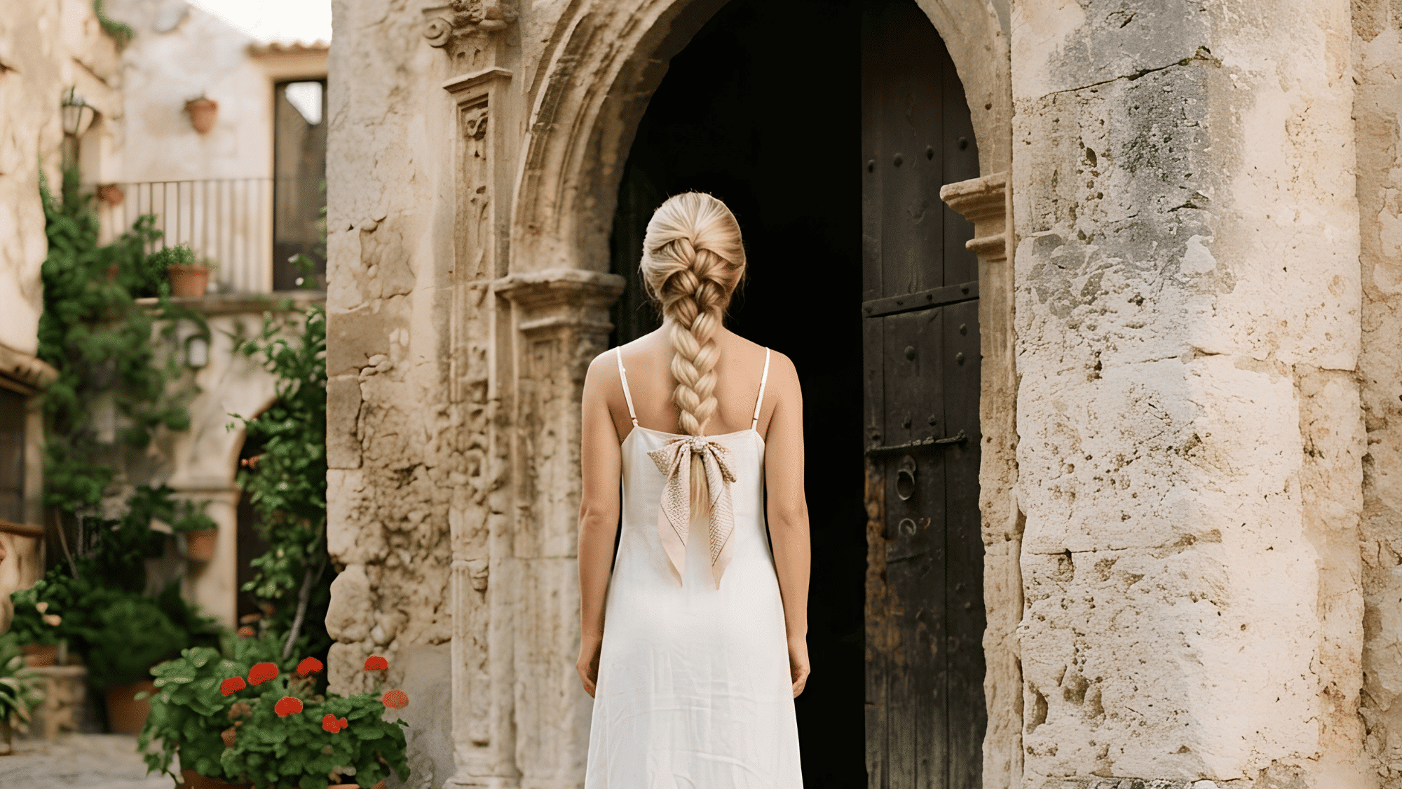 braided scarf updo with the scarf woven through the hair to create a stylish and elegant hairstyle