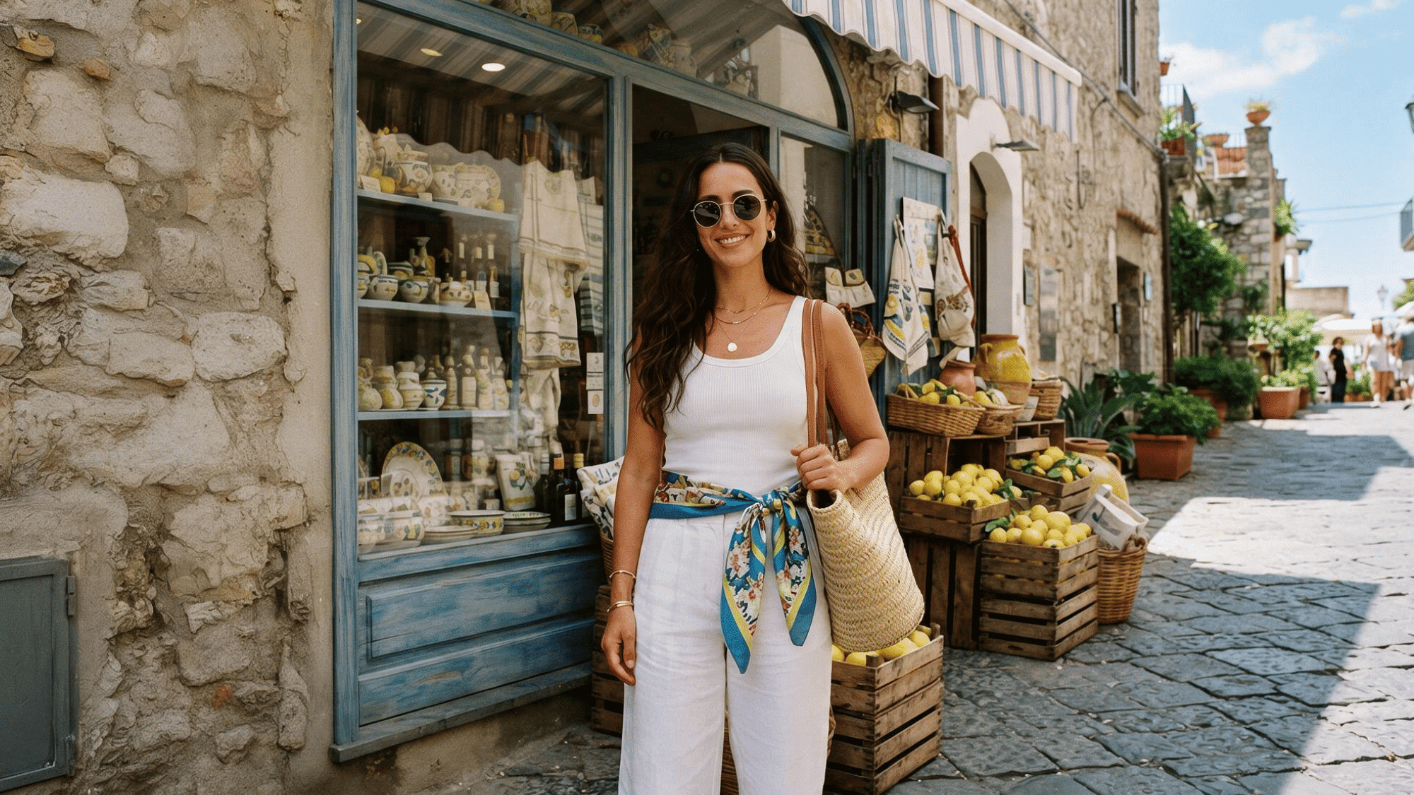 scarf styled as a belt around the waist adding a chic accent and defining the silhouette of an outfit