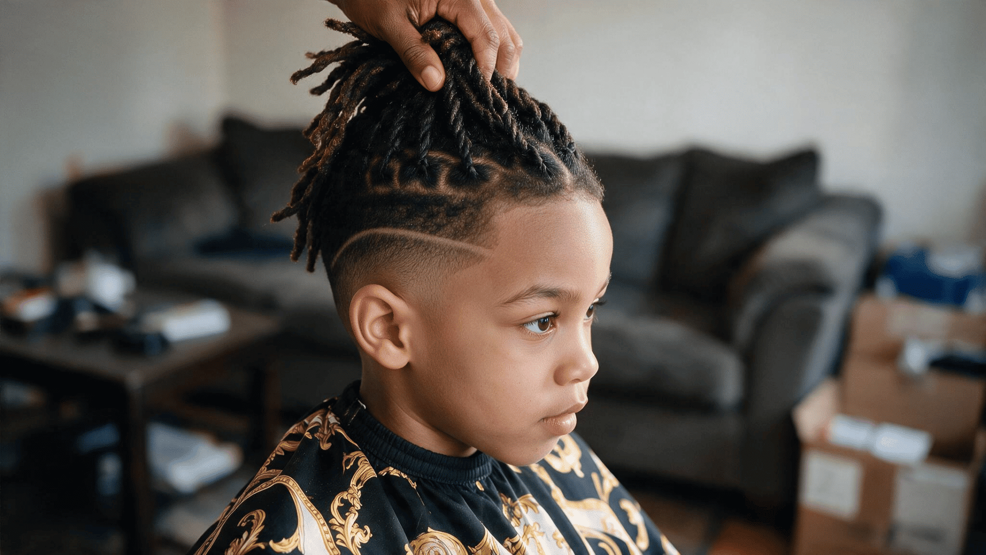 young mixed boy with twists and low fade featuring a shaved line design during hairstyling