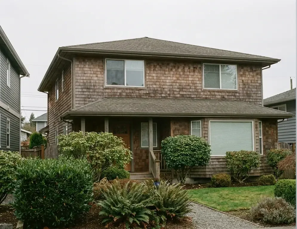 Two-story suburban house with wooden siding and manicured shrubs in front garden