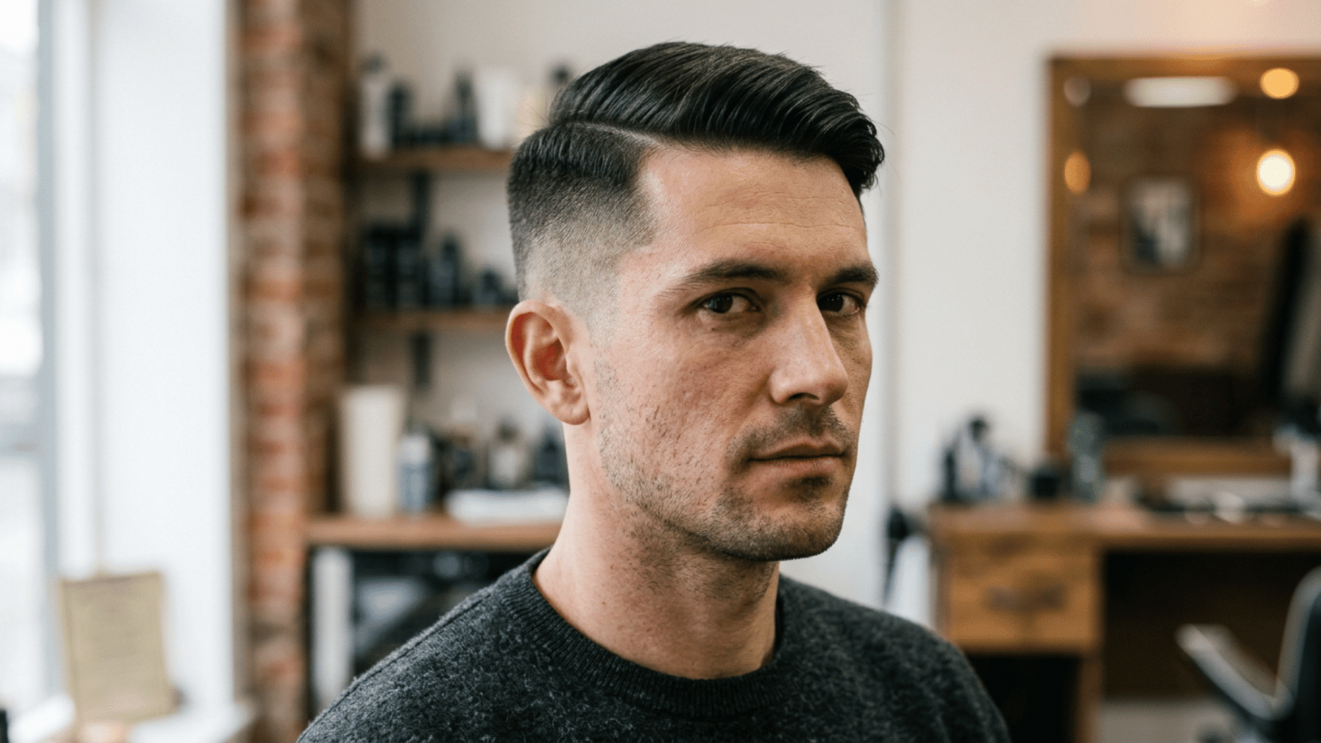 man with a side swept undercut crew cut showing a longer top and sharply separated closely clipped sides