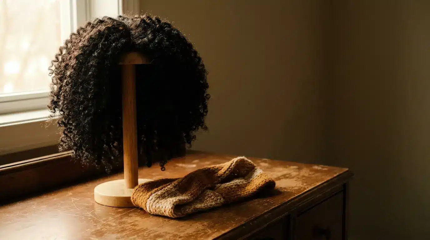 Curly black wig on wooden stand with knitted headband in soft natural light