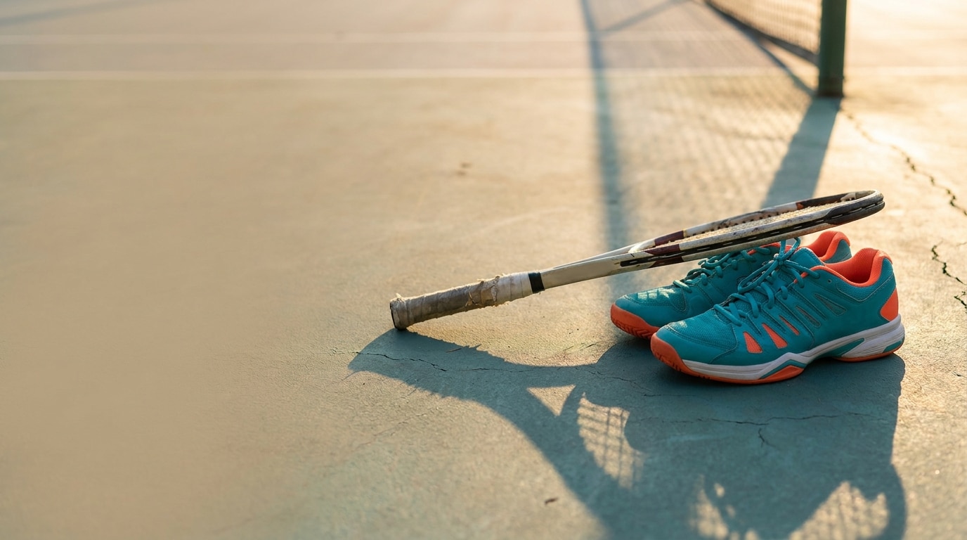 Tennis racket and turquoise sneakers placed on outdoor court in warm sunlight