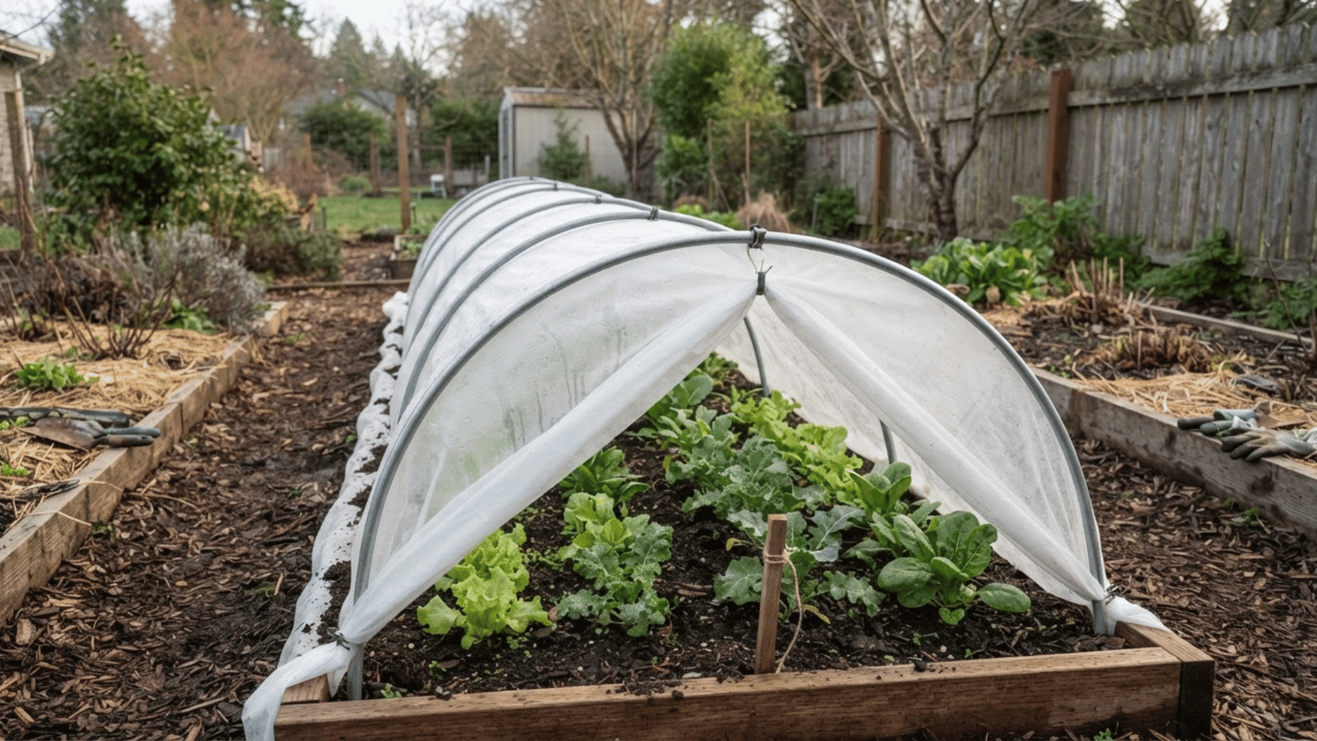 vegetable seedlings protected from frost under a fabric-covered low tunnel in a home garden