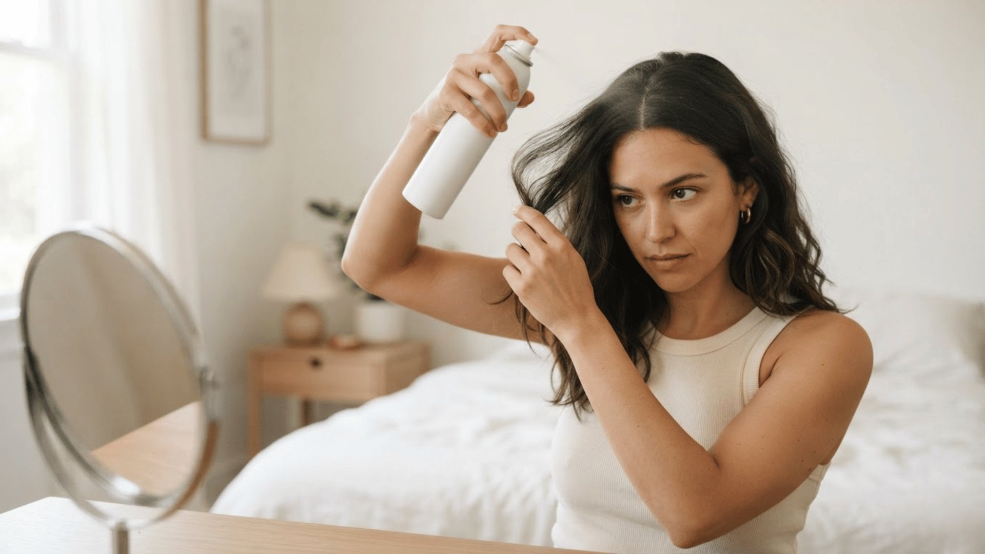 a woman applying dry shampoo to her hair while looking in a mirror in a bright bedroom