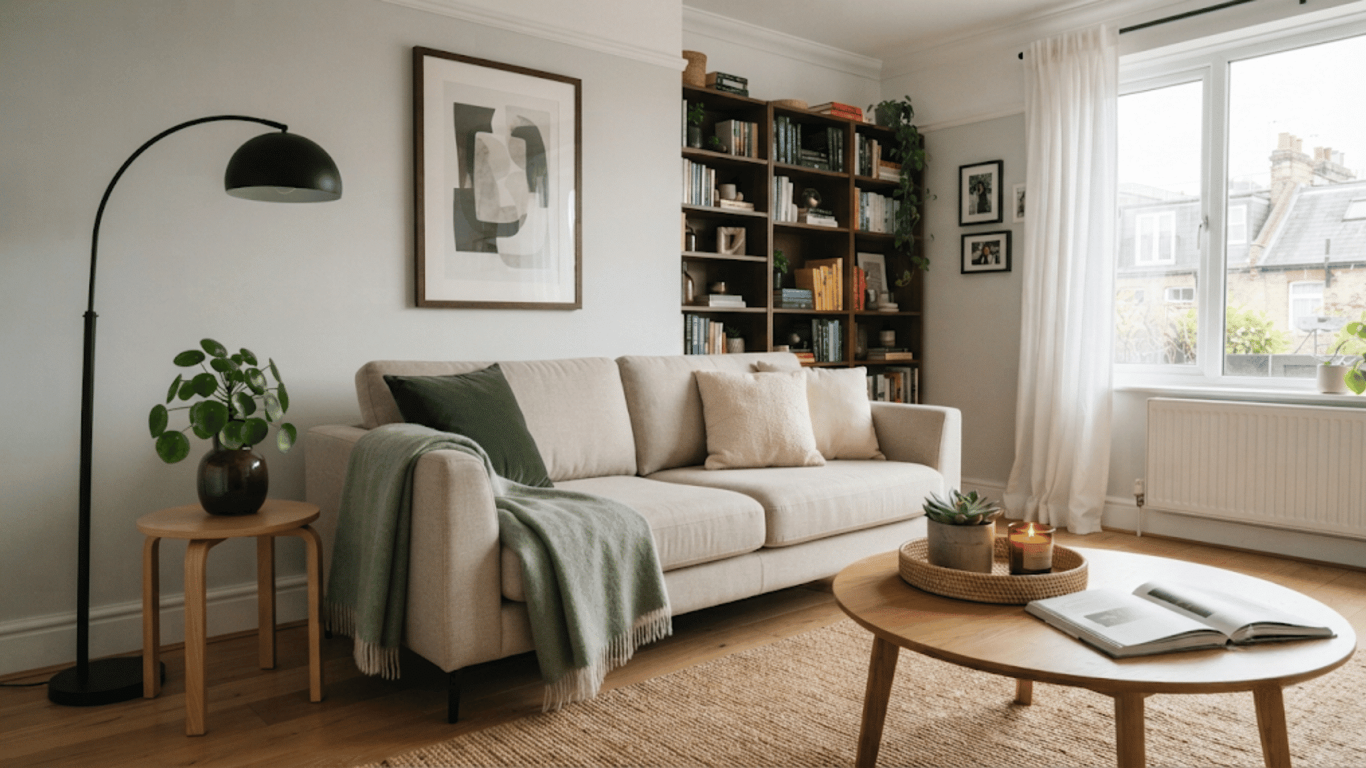 furniture with visible legs creates an airy living room with a raised sofa side table and open wood coffee table