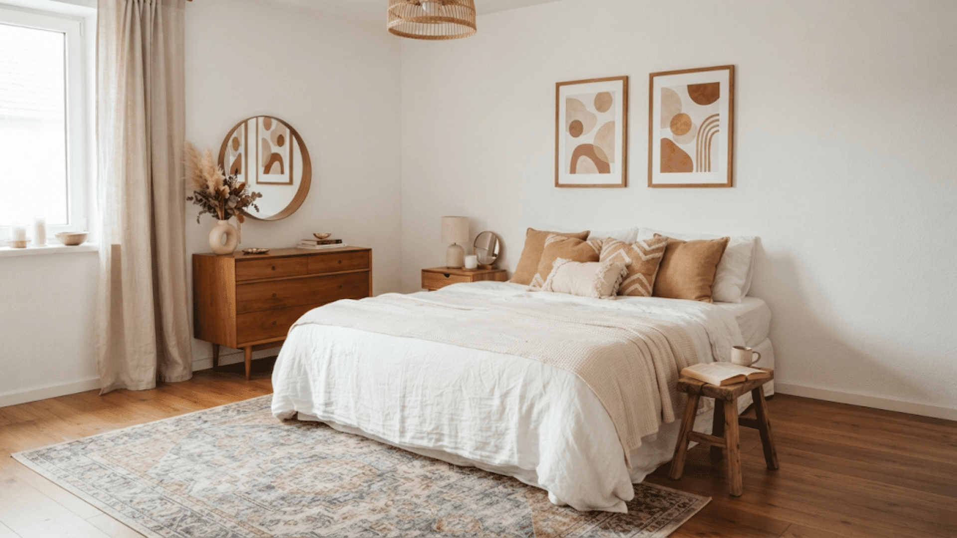 large area rug grounds a warm bedroom with neutral bedding wooden furniture soft decor and natural light