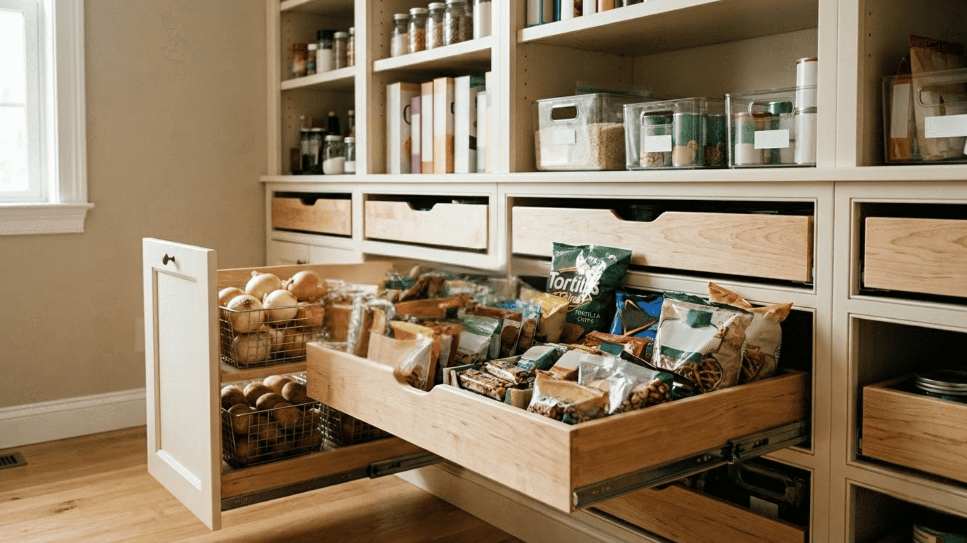 deep pantry shelves with pull-out bins holding snacks, pantry staples, and packaged foods for easier access