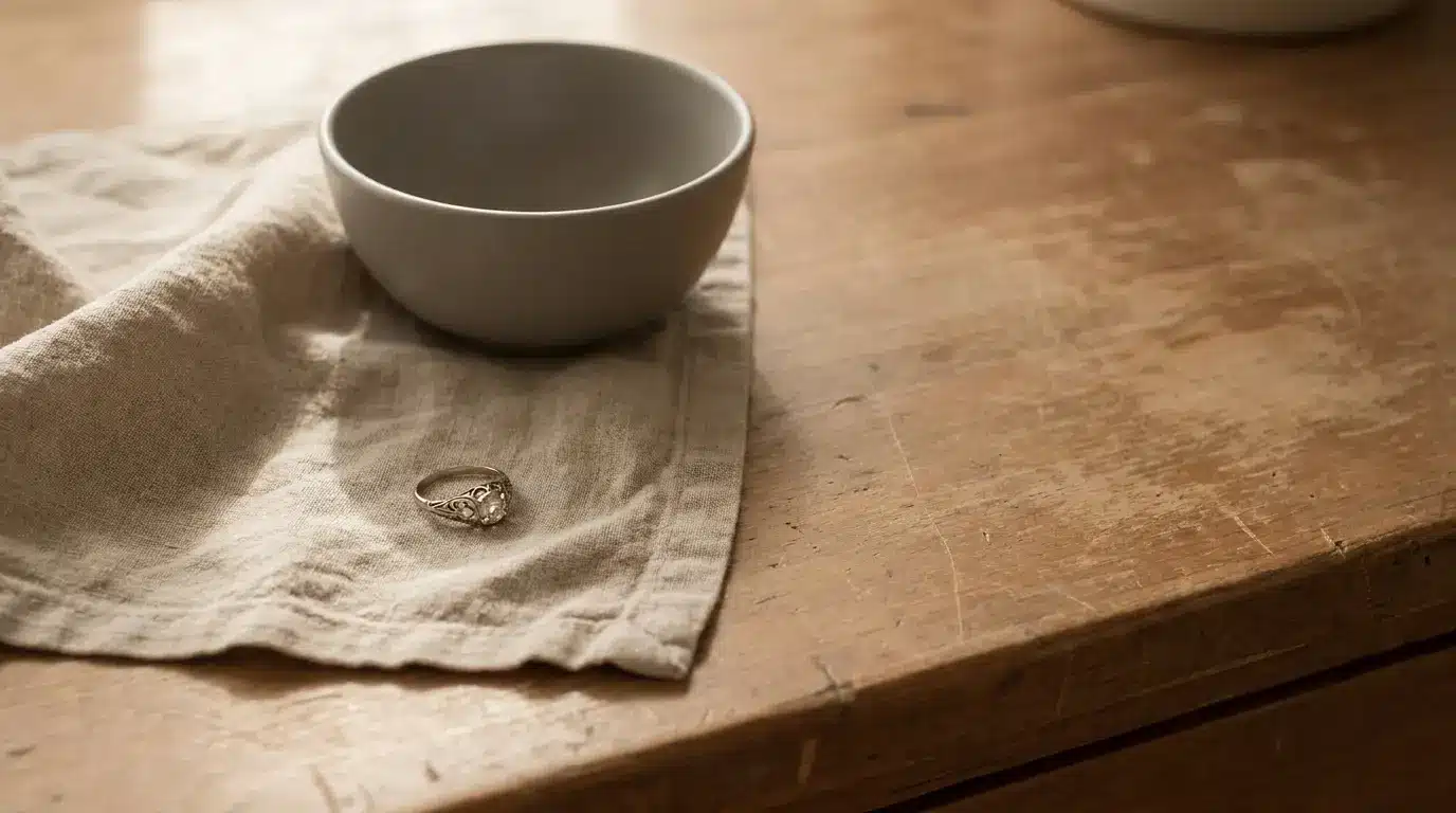 Ceramic bowl and ornate ring on linen cloth over rustic wooden table