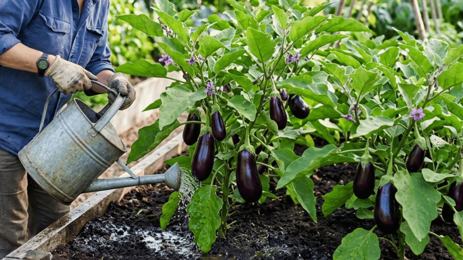 watering eggplant plants deeply at the base to keep soil evenly moist and support healthy growth
