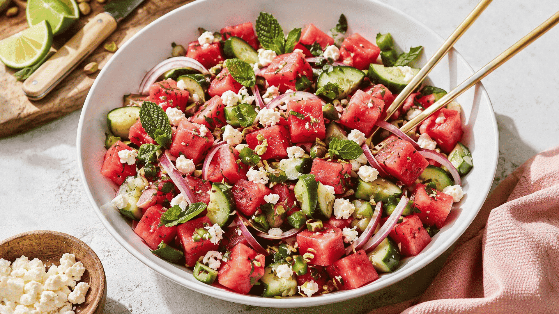watermelon cucumber salad with feta red onion mint and pistachios in a white bowl