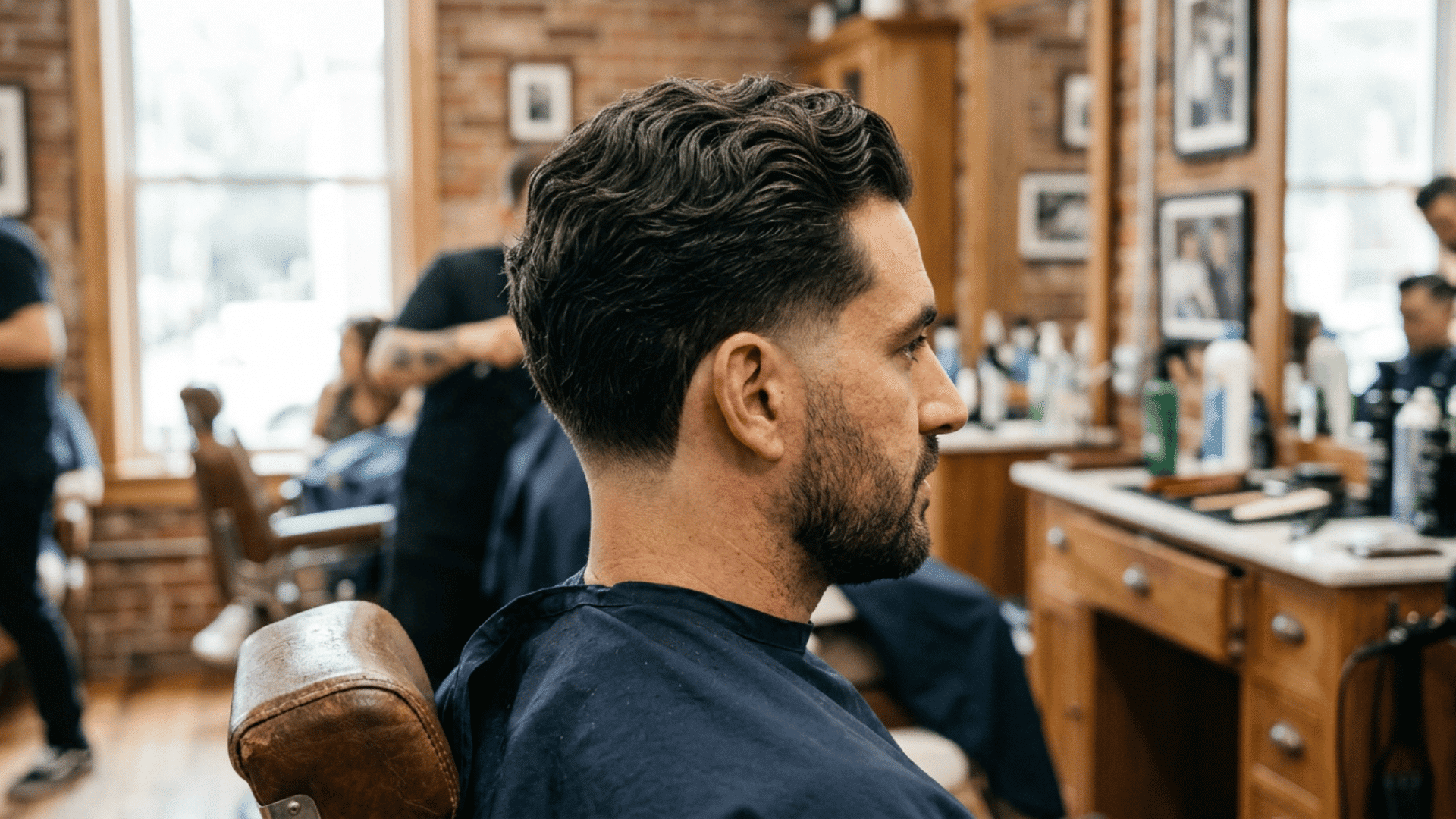 man with natural waves across a longer crew cut top and a clean drop fade curving behind the ears