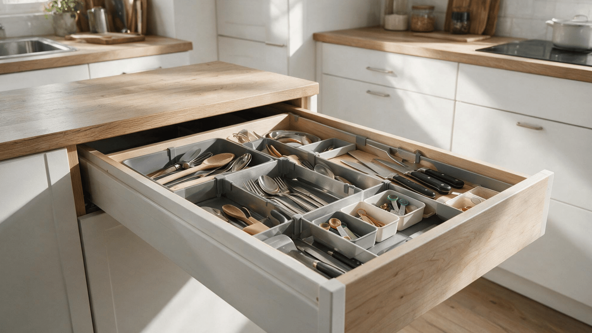organized kitchen drawer with dividers trays cutlery utensils and small accessories in a bright modern kitchen
