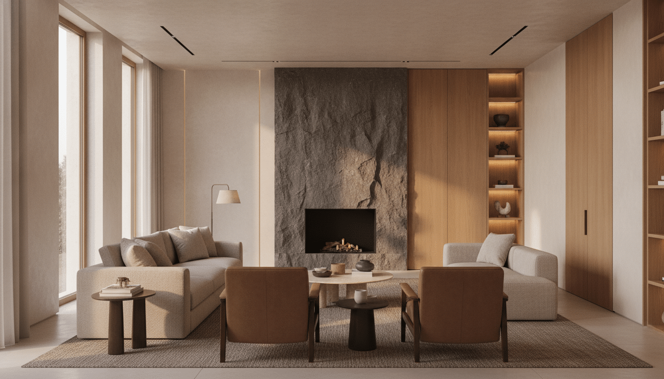 Modern living room with beige sofas and brown armchairs facing stone fireplace