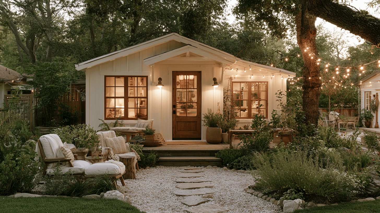 Charming cottage exterior with warm lighting and string lights, surrounded by lush garden and greenery