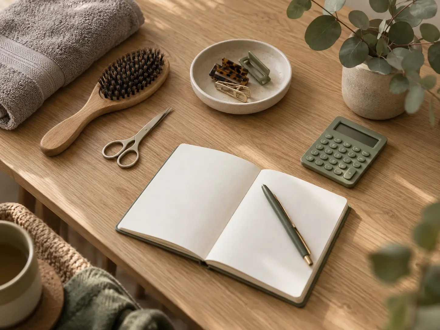 Open notebook with pen on wooden desk beside calculator and eucalyptus plant